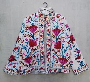 <b>White</b> Multicolor Floral TNT Cotton Suzani Embroidered Boho <b>Jacket</b> with Striped Lining Open Front Artisan <b>jacket</b> - Product Image 2