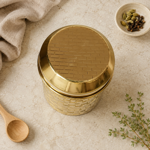 SHUBHAM Handcrafted Brass <b>Kitchen</b> Storage Jar with Lid – Hammered Food Container for Spices, Flour, Tea & Dry Goods - Product Image 3