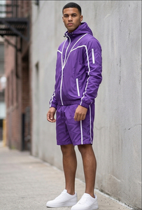 Conjunto de dos piezas corto para hombre: Sudadera con capucha y cremallera cortavientos y pantalones cortos con cordón de nailon y poliéster - Conjunto cortavientos impermeable para la lluvia - Product Image 5