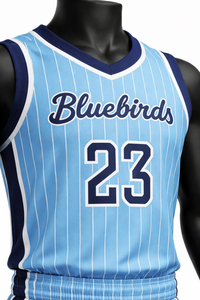Ensemble Maillot et Short de Basketball Personnalisé Bleu Clair à Rayures Uniforme d'Équipe Respirant Séchage Rapide Vêtements de Sport - Product Image 4