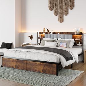<b>LED</b> <b>Lights</b> Upholstered King Size Bed Frame with 2 Storage Drawers Charging Station No <b>Box</b> Required - Product Image 1