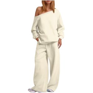 Conjunto informal de 2 piezas con logotipo personalizado para mujer, pantalones y sudadera con hombros caídos de gran tamaño, sudaderas con capucha en blanco al por mayor - Product Image 5