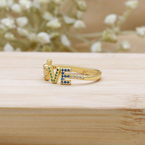 Gold-plated Sterling <b>Silver</b> Rainbow Zircon Pave Love Letter <b>Rings</b> Adjustable Size Romantic Wedding Party <b>Statement</b> <b>Rings</b> Women - Product Image 5