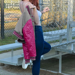 Veste courte universitaire pour femme, bleu marine et bordeaux, style Letterman, manteau bomber avec manches en similicuir, vêtement d'extérieur décontracté, mode féminine - Product Image 2