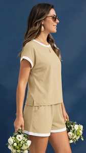 Ensemble t-shirt et short pour femme, couleur kaki, décontracté, été, 2 pièces - Product Image 2