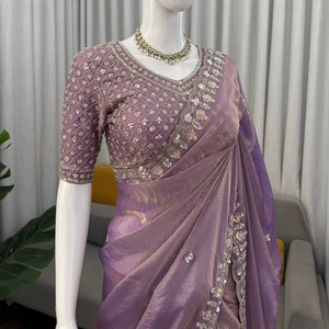 Elegante Saree de Diseñador con Cuentas Pesadas y Bordado de Lentejuelas para Bodas de Invierno, Fiestas, Diwali, Graduaciones, Blusa sin Coser para Mujer - Product Image 1