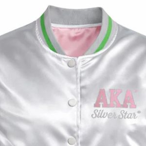AKA <b>Silver</b> Satin Pearl <b>Jacket</b> Women Shiny Bomber Style Embellished Sleeve Trim Lightweight Fashion Greek Sorority Apparel Coat - Product Image 2