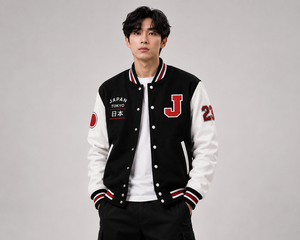 Japan Tokyo Varsity <b>Jacket</b> Country Flag Patch Black White Contrast Sleeve Letterman Custom Wholesale - Product Image 1