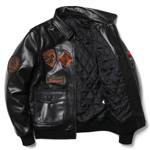 Veste en cuir véritable pour homme en peau de mouton 2026 avec patchs brodés, col rabattable, fermeture éclair, style motard - Product Image 4