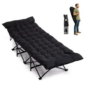 Lettino Pieghevole Portatile Nero con Materasso Morbido per Campeggio, Casa, Ufficio, Pisolino, Spiaggia, Viaggi, Lettino per Adulti - Product Image 1