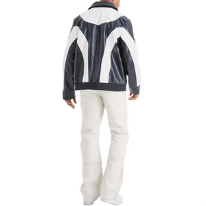 Veste en similicuir PU bleu personnalisée pour homme, style moto, coupe carrée, avec fermeture éclair et blocs de couleur, collection automne - Product Image 2