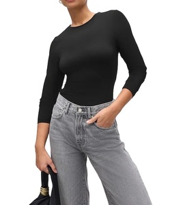 T-shirt Slim Fit à manches longues en coton pour femmes avec nouveau design à cordon de serrage col rond vêtements d'été motif solide vêtements de mode confortables - Product Image 1