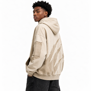 Men's Oversized Winter <b>Brown</b> <b>Fleece</b> Hoodie Contrast Panel Washed Sweatshirt Custom Logo Front Streetwear Pullover - Product Image 5