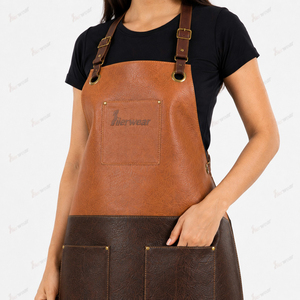 Tablier en cuir pour femme, marron, design bicolore, fermeture à boutons-pression, tablier uniforme pour le personnel de service de restaurant et de bar - Product Image 4