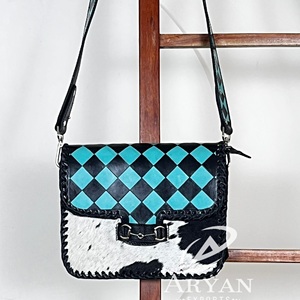 Genuine Cowhide Leather 2026 Crossbody Bag for Women's Checkered Shoulder Purse Handmade Hair on Sling Bag with Horse Bit Buckle - Product Image 1