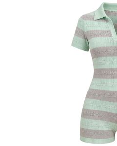 Mono de punto a rayas verde menta y gris para mujer, manga corta, cuello polo, algodón, informal de verano, de una pieza, ajustado, personalizado - Product Image 2