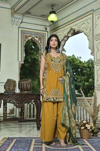 Kurta en coton brodé couleur moutarde pour femme avec salwar et dupatta de style traditionnel, coupe ample, tenue décontractée, Inde, Pakistan - Product Image 5