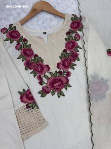 Top Quality Khadi Cotton with Multi-Thread Flower-Leaf work Yoke & Full Sleeve Straight Long <b>Kurti</b>-Pant-Dupatta Indian Exporter - Product Image 5