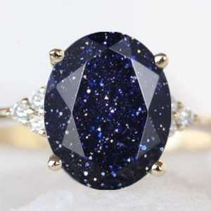 Bague en pierre de sable bleue, coupe ovale délicate, argent sterling 925, plaqué or 14 carats, bague de fiançailles, cadeau de mariage - Product Image 6