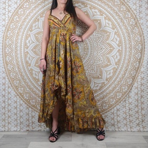 Sohna Maxi Indian Silk V-neck A-Line Asymmetrical Boho <b>Dress</b> with Thin Straps Yellow Ethnic Print Purple Paisley Formal Occasion - Product Image 2