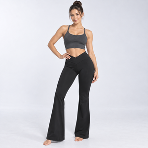 <b>High</b> <b>Waist</b> <b>Flared</b> Leg Yoga <b>Leggings</b> Women Seamless Solid Color Athletic Full Length Pants Elastic <b>Waist</b> Black Spandex Nylon - Product Image 5