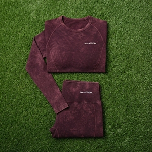 Women Burgundy Acid Wash <b>Long</b> <b>Sleeve</b> Crop <b>Top</b> Leggings Set High Waist Gym Yoga <b>Workout</b> Activewear - Product Image 5