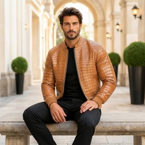 Blouson Bomber en Cuir Croco 100% Original pour Homme – Été, Imperméable, Respirant, Coupe-Vent, Style Vintage, Dos et Col - Product Image 4
