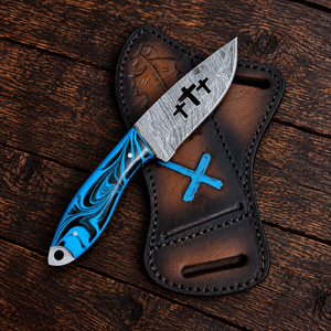 Cuchillo Vaquero Azul y Negro Personalizado con Hoja de Acero Estampada y Funda de Cuero Marrón, Cuchillo de Hoja Fija al por Mayor - Product Image 4