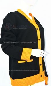 Black <b>Yellow</b> Gold V Neck Solid Color Cardigan Sweater Unisex Button Front Machine Knitted Acrylic Wool Autumn School Uniform - Product Image 2