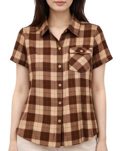 Custom Brown And Beige Plaid Womens Short Sleeve Button Up Shirt Casual Summer Lightweight Breathable Checkered <b>Top</b> With Pocket - Product Image 1