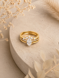 Custom 18k Gold Oval Moissanite Wedding <b>Ring</b> Set for Women - Dainty <b>Stacking</b> <b>Rings</b> with Cluster Band - Product Image 3