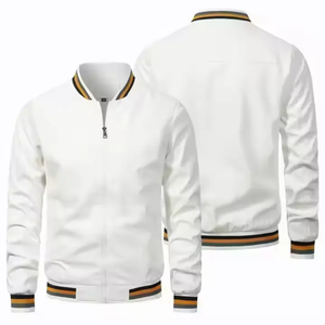 เสื้อแจ็คเก็ตบอมเบอร์สีขาวสำหรับผู้ชาย คอปกและปลายแขนเสื้อลายทาง ทรงปกติ ปิดด้วยซิป สวมใส่สบายๆ สำหรับฤดูใบไม้ร่วง - Product Image 1