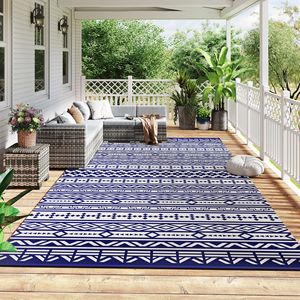 Tappeto da Esterno Reversibile Impermeabile 9FT X 18FT in Materiale PP con Borsa per il Trasporto, Motivo Geometrico Blu e Bianco, Paglia Riciclata per Corridoio - Product Image 2