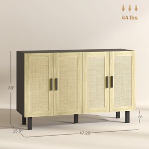 Credenza Nera e Naturale in Rattan Stile Boho con 4 Ante e Ripiani Regolabili per Sala da Pranzo di Villa - Product Image 3