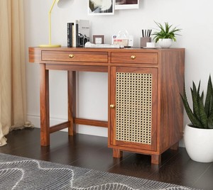 Handcrafted Solid Wood <b>Computer</b> <b>Desk</b> | Rattan Storage Home Office Table | B2B Wholesale Furniture India - Product Image 1