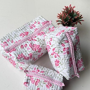 Cotton Quilted Floral Printed Cosmetic Toiletry Bag Set <b>Medium</b> <b>Size</b> Multi-Function Travel Toiletry Bag With Zipper Closure - Product Image 2