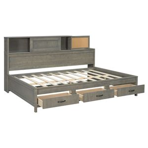Divano letto matrimoniale in legno grigio con 3 cassetti contenitore, ripiano superiore morbido, set di prese e porte USB - Categoria: Divani letto - Product Image 5