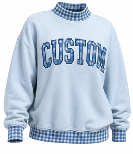 Sweat-shirt en molleton bleu clair pour femme, personnalisé, avec bordure à carreaux et motif lettre brodé, col rond, coupe classique, pour l'automne - Product Image 1