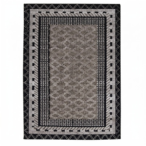 Tapis géométrique superposé taupe ivoire en laine avec bordure encadrée, écologique et antidérapant, pour salon, salle de bain et intérieurs d'hôtel - Product Image 1
