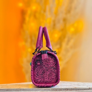 Women's Travel Accessories Pink Color Genuine Leather Mini Speedy Duffle <b>Bag</b> With Tooling Florals Carved Stone <b>Studded</b> In Middle - Product Image 3