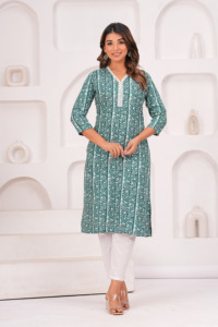 Women's Green Geometric Print V-Neck Kurta With White <b>Pants</b> Casual Spring Summer Cotton Set Knee Length <b>Three</b> <b>Quarter</b> Sleeve - Product Image 3