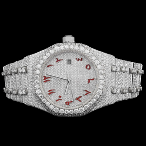นาฬิกาฮิปฮอปแบรนด์ดัง ดีไซน์หรูหราสำหรับผู้ชาย ตัวเรือนทรงกลมสีแดง ประดับเพชรโมอิสซาไนต์เต็มหน้าปัด พร้อมตัวเลขแบบอารบิก  สามารถปรับแต่งได้ - Product Image 1