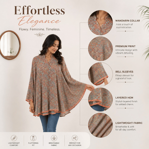 Túnica Étnica Elegante de Seda con Cuello en V para Mujer, Dobladillo en Capas, Tejido Transpirable y Lavable, Ecológico, Ajuste Relajado, Cintura Natural, Estilo Boho Chic - Product Image 5