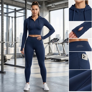 Conjunto de yoga para mujer, color azul marino, con sudadera con cremallera, top corto de manga larga, leggings de cintura alta, ropa deportiva para gimnasio, fitness y entrenamiento, conjunto de dos piezas. - Product Image 5