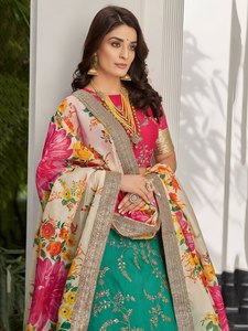 Green Digital Print Premium Chiffon Embroidered Lehenga Set Silk <b>Wedding</b> Outfit Floral Dupatta Banarasi Style Festival Wear - Product Image 3