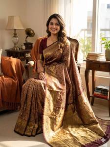 Sari de Seda Banarasi con Bordado Dorado Zari, Sari Tradicional Indio para Bodas, Sari de Diseño Étnico para Fiestas - Product Image 3
