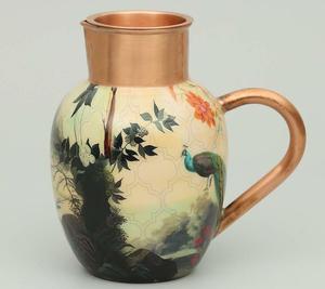 Jarra Decorativa de Cobre con Diseño Floral de Pavo Real, Hecha a Mano, Rústica, Ecológica, Tradicional, Pintada, para Bebidas - Product Image 3
