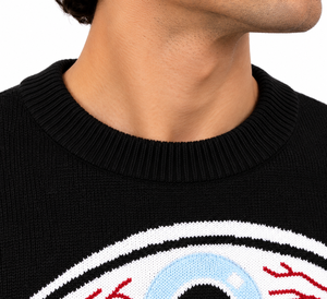 Suéter de punto oversize negro para hombre con gráfico de ojos y diseño de lágrimas azules, cuello redondo, estilo urbano. - Product Image 6