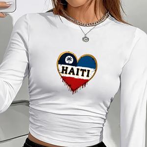 Haiti <b>Heart</b> Print Women's Long Sleeve <b>T</b>-<b>Shirt</b> Y2K Style Crew Neck Knitted Spandex Polyester Fashion Top All Seasons - Product Image 5