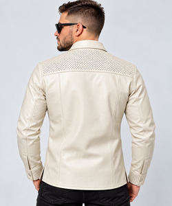 Chemise en cuir ivoire pour homme, manches longues, col rabattu, jugulaire et poignets perforés, double poches poitrine, style décontracté moderne - Product Image 4